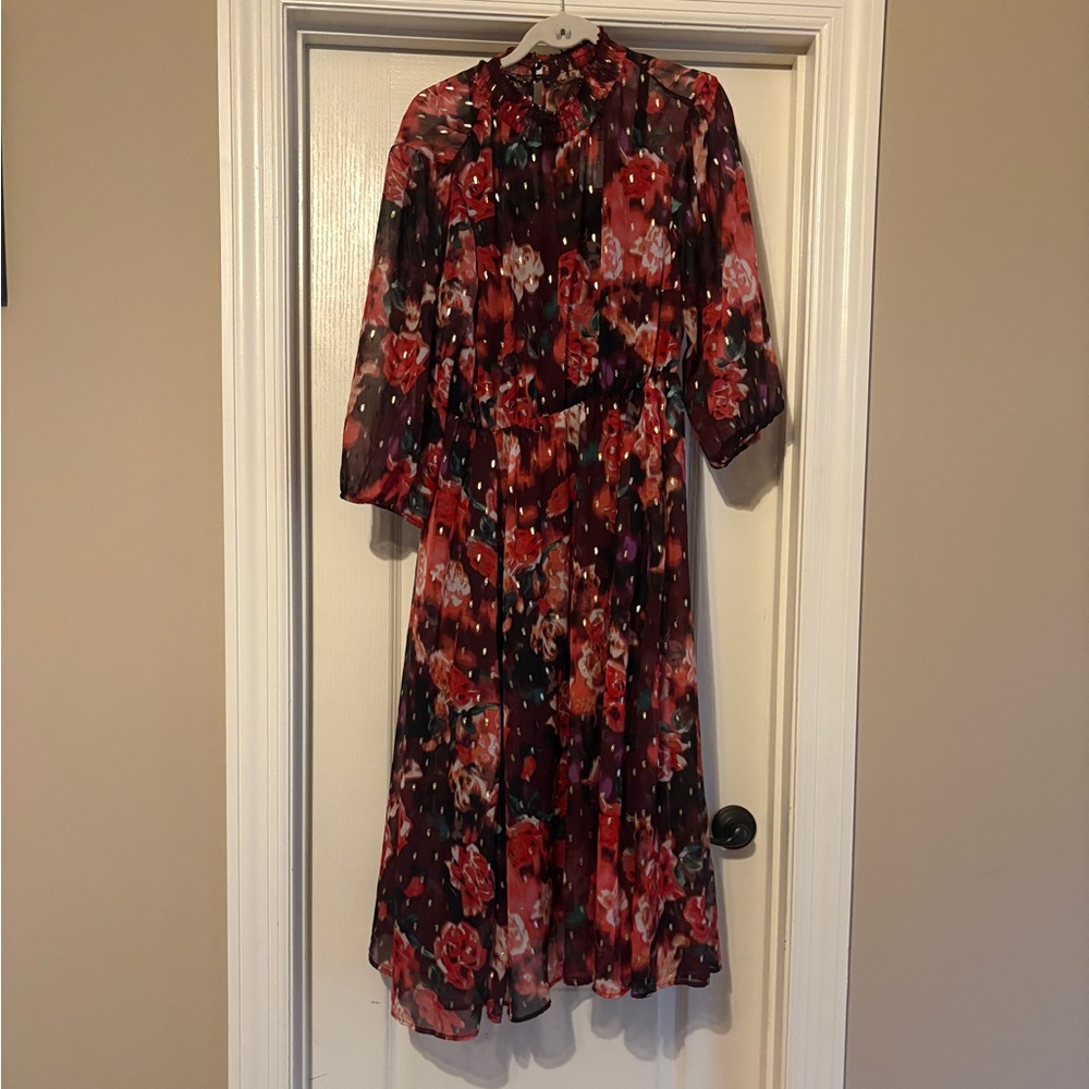 Torrid Burgundy Floral Clip Dot Mock Neck Chiffon MIDI Dress NWT Size 1X